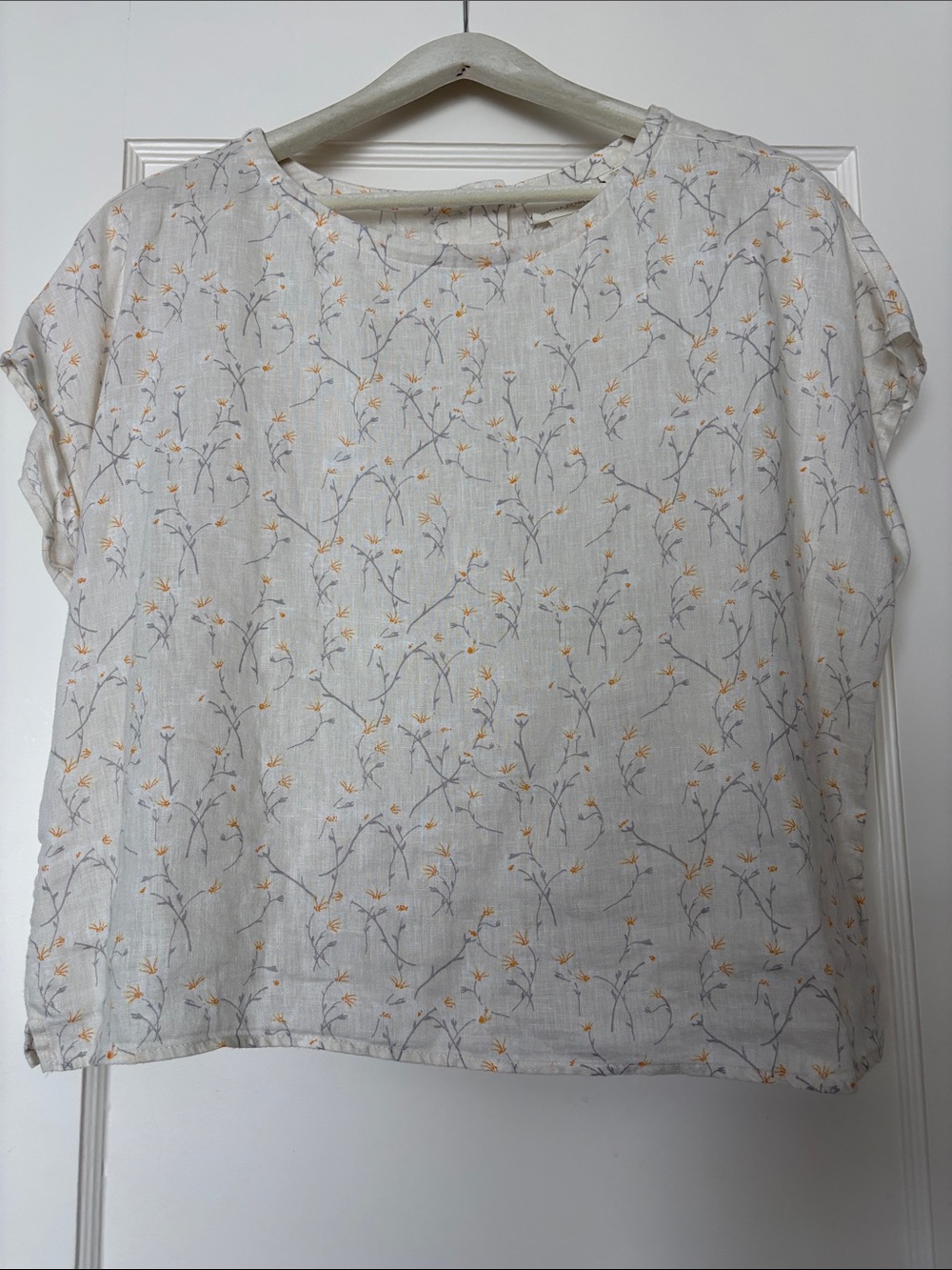 Short-Sleeve 100% Linen Blouse - White with Yellow Floral, Button Back